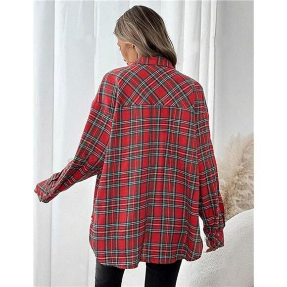 Womens Oversized Flannel Plaid Shirts Red - Picture 5 of 5